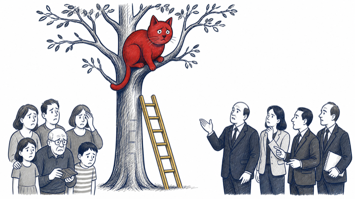 A worried cat is stranded in a tree while the public waits, policymakers debate, and a ladder remains too short.