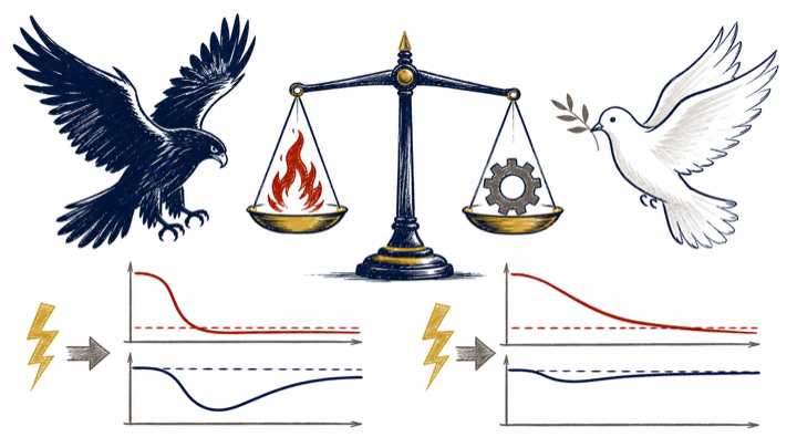 A hawk and dove flank a balance between inflation stabilisation and output or employment costs.