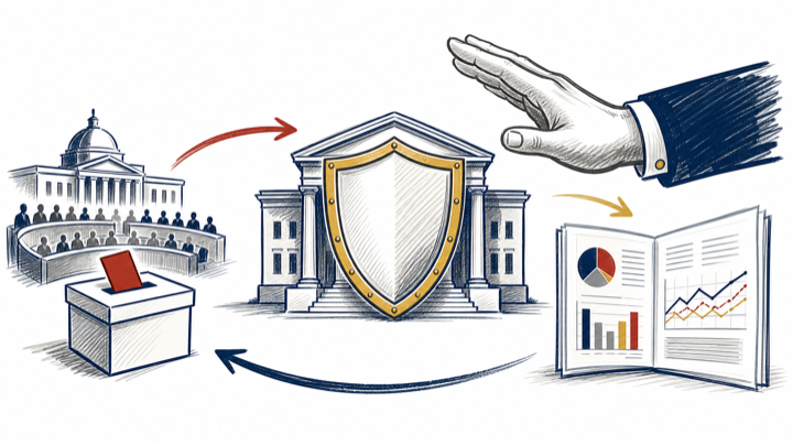 A central bank is shielded from political pressure while a public mandate and report complete an accountability loop.