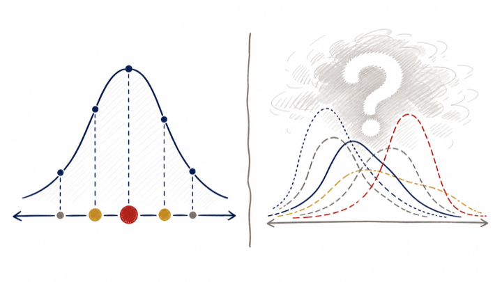 One known probability distribution is compared with several candidate distributions emerging from an uncertain region.
