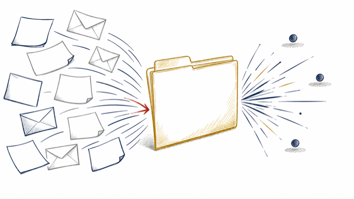 Several papers and envelopes merge into one release folder followed by one attention burst and fewer occasions.