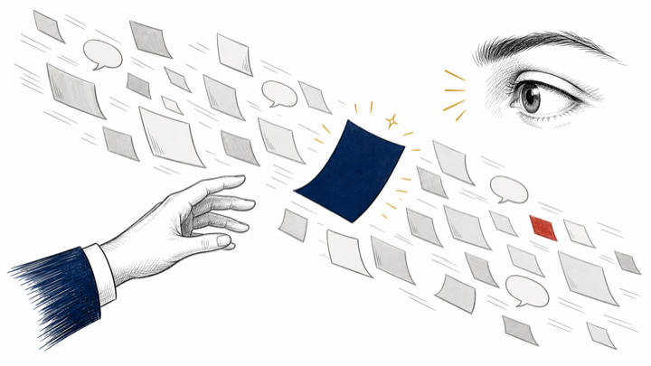 One official message competes with many other cards and speech shapes for an eye and a reaching hand.