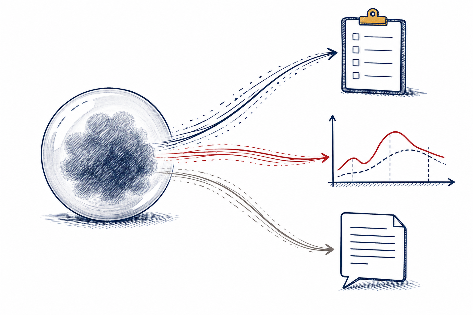 A hidden belief inside a translucent sphere leaves separate traces in a survey clipboard, a market curve, and a text page
