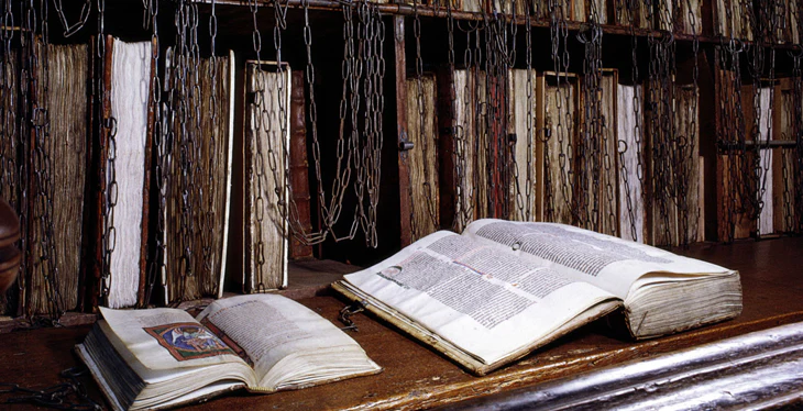 Chained books in a medieval library