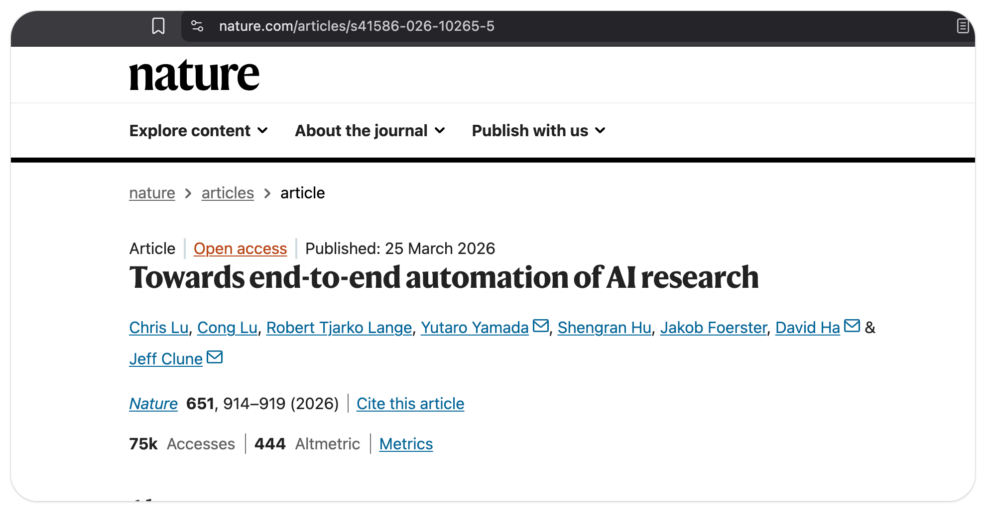 Screenshot of the Nature article on end-to-end automation of AI research