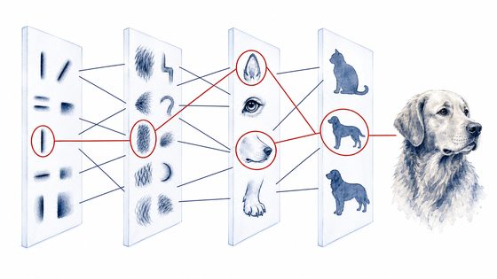 Feature hierarchy from edges to textures to parts to whole animals.