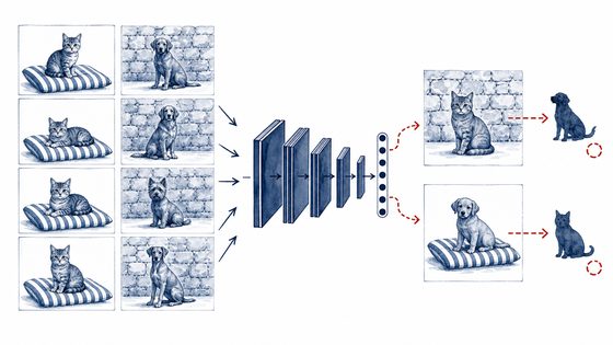 Cats and dogs each tied to one background, with swapped backgrounds causing wrong predictions.