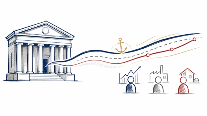 A ribbon flows from a central bank building, bends upward and reaches an investor, a firm and a household
