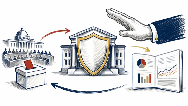 A parliament and a ballot box point to a central bank behind a gold shield; a hand reaches towards the shield; a published report points back to the ballot box