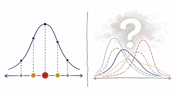 On the left a single bell curve with marked outcomes; on the right several overlapping curves under a grey cloud with a question mark
