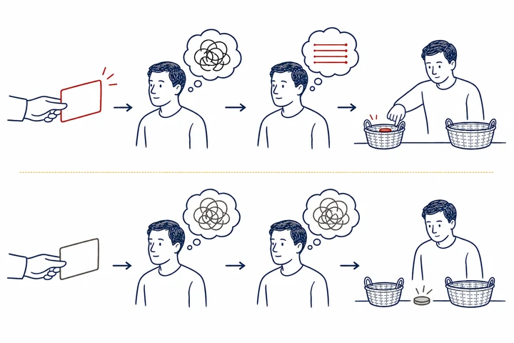 Two rows of the same person; in the top row a crimson card leads to ordered thoughts and a choice, in the bottom row a plain card leaves thoughts tangled and no choice