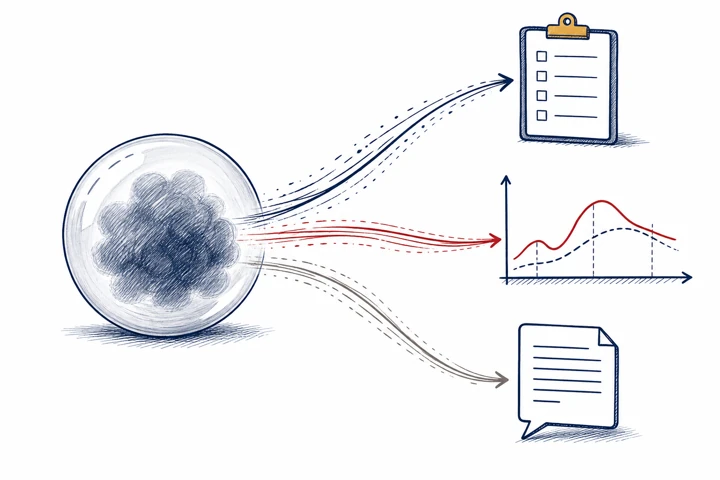 A glass sphere holding a dark cloud sends three bundles of lines to a survey form, a price chart and a written text