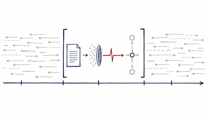 A timeline crowded with grey arrows; inside two brackets a document becomes a single crimson pulse that moves a price up or down