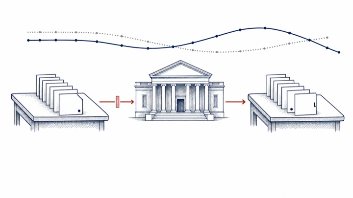 A row of cards on a table passes through a central bank and comes out reordered; above, a dotted and a solid line show expected rates before and after