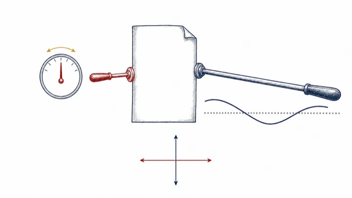 A sheet of paper with a short crimson handle turning a dial and a long navy lever moving a wave; below, two arrows cross at right angles