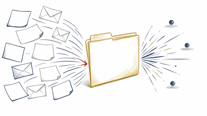 Loose papers and envelopes fly into a single gold folder; on the other side lines burst out towards readers at different distances