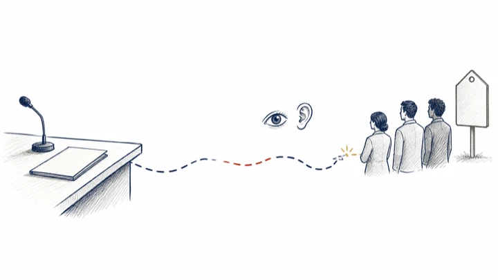 A document on a podium sends a dashed line past an eye and an ear towards three people and a blank signpost