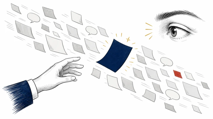 A hand releases a navy card into a fast stream of grey cards and speech bubbles while an eye scans the stream